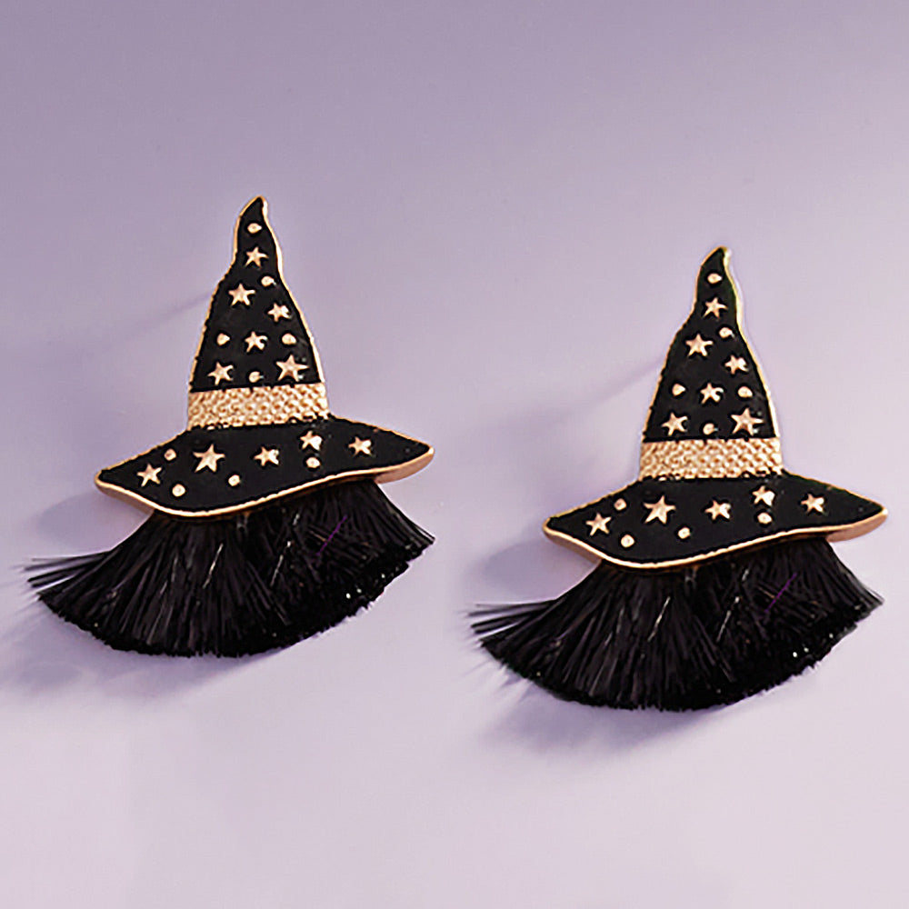 Jet Black Enamel Witch Hat with Tassel Earrings