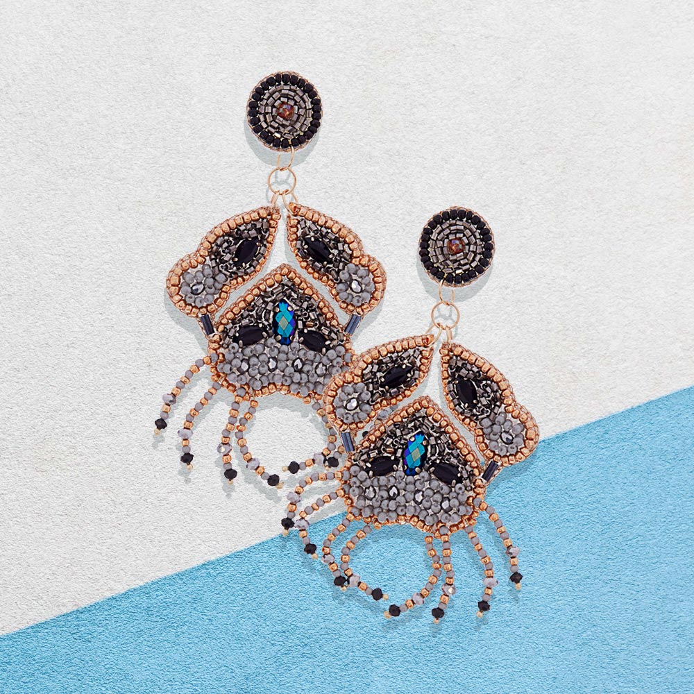 Jet Black Felt Back Stone Beaded Crab Dangle Earrings