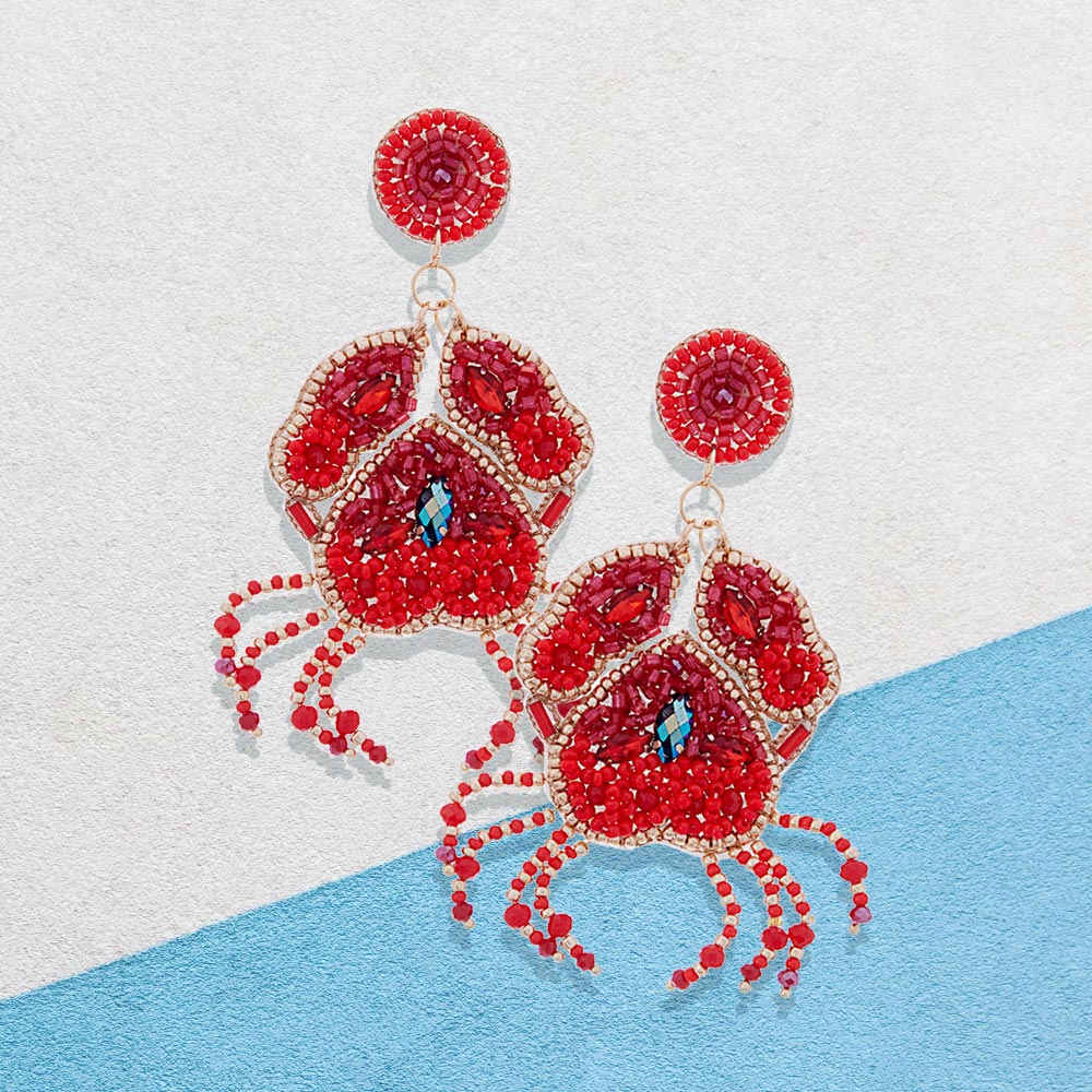 Red Felt Back Stone Beaded Crab Dangle Earrings