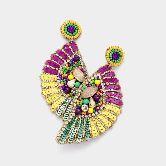 Multi Felt Back Mardi Gras Sequin Stone Beaded Dangle Earrings
