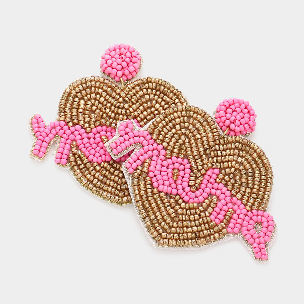 Madeline Love Pink Mama Message Felt Back Seed Beaded Heart Dangle Earrings
