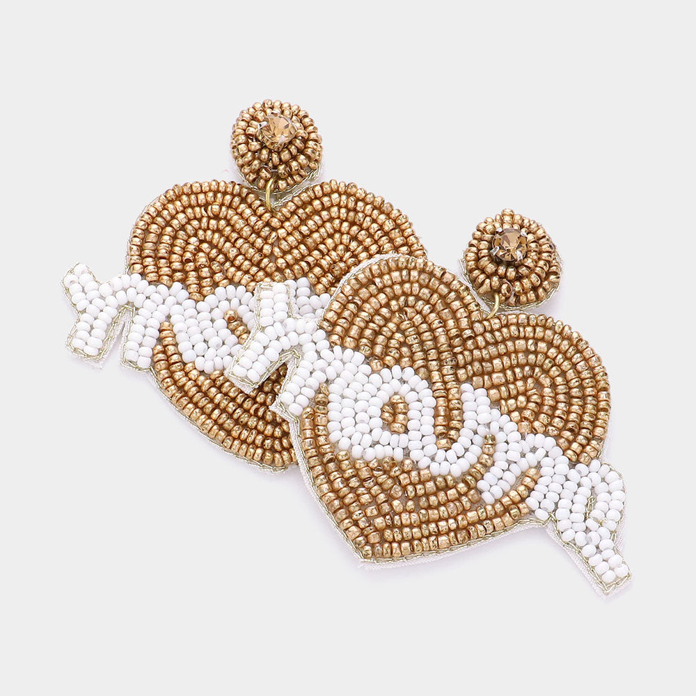 Madeline Love White Mama Message Felt Back Seed Beaded Heart Dangle Earrings