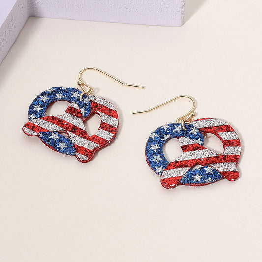 Madeline Love Gold, Multi Glittered American USA Flag Pretzel Dangle Earrings