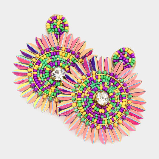 Gold, Multi Mardi Gras Felt Back Seed Beaded Round Dangle Earrings