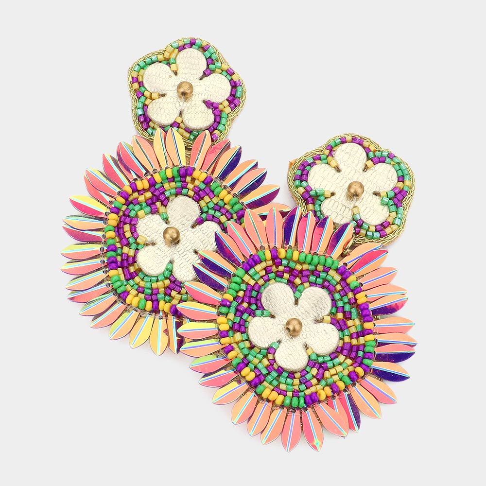 Gold, Multi Mardi Gras Felt Back Flower Pointed Seed Beaded Round Dangle Earrings