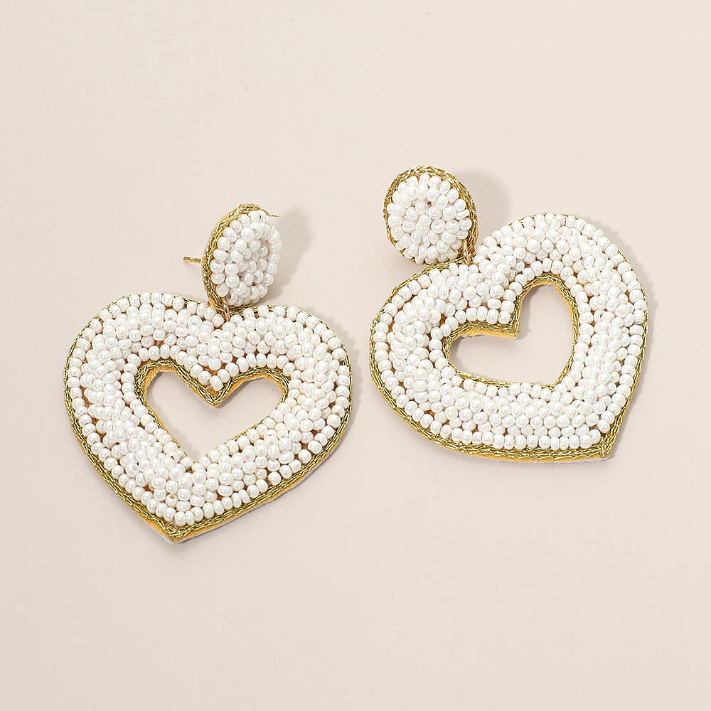 Madeline Love Gold, White Felt Back Seed Beaded Open Heart Dangle Earrings