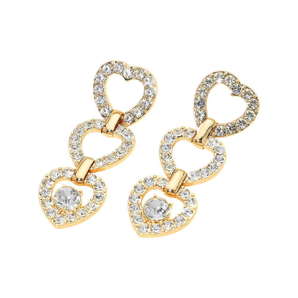 Madeline Love Clear, Gold Gold Dipped Rhinestone Open Heart Link Drop Earrings - desc