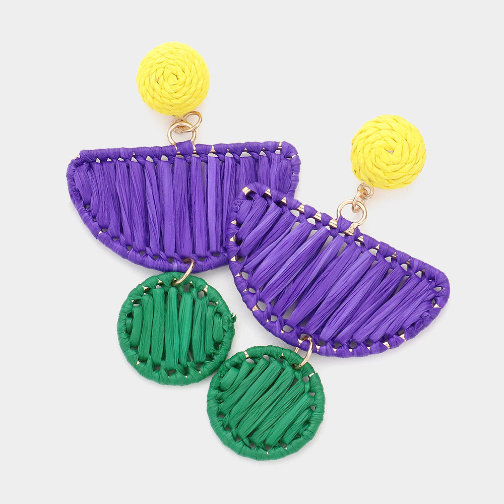 Multi Mardi Gras Raffia Half Moon Circle Dangle Earrings