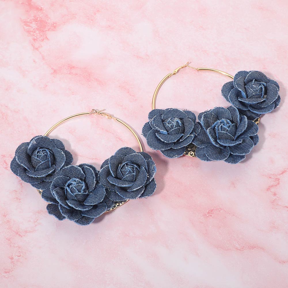 Madeline Love Gold Bold Triple Denim Fabric Rose Beaded Hoop Earrings