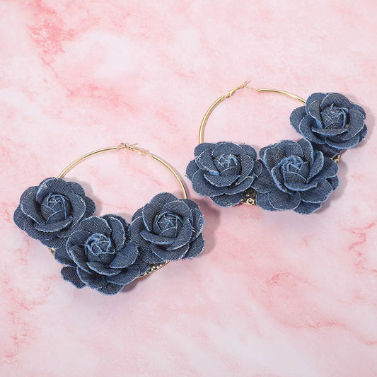 Madeline Love Gold Bold Triple Denim Fabric Rose Beaded Hoop Earrings
