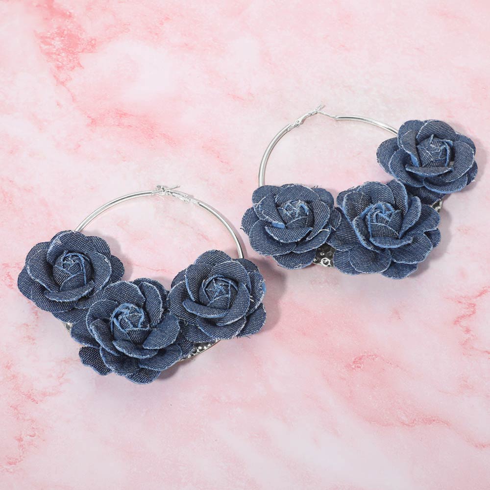 Madeline Love Rhodium Bold Triple Denim Fabric Rose Beaded Hoop Earrings