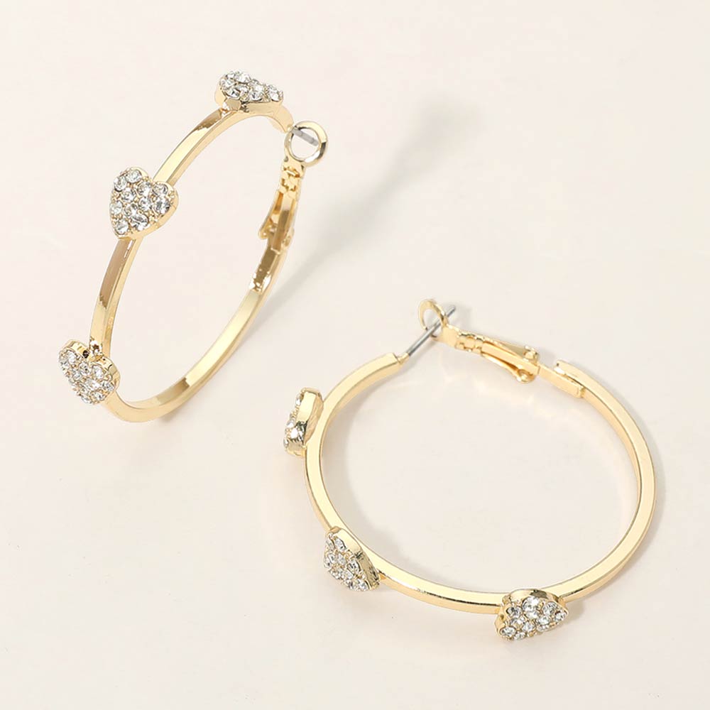 Madeline Love Clear, Gold Gold Dipped Rhinestone Pave Heart Charm Around Hoop Earrings