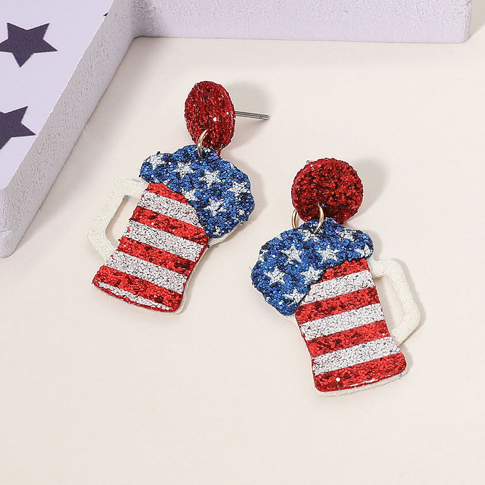 Madeline Love Gold, Multi Glittered American USA Flag Beer Glass Dangle Earrings