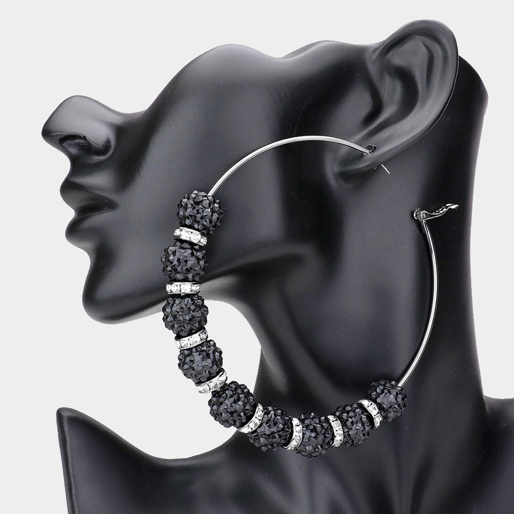 Madeline Love Jet Black Shamballa Ball Hoop Earrings