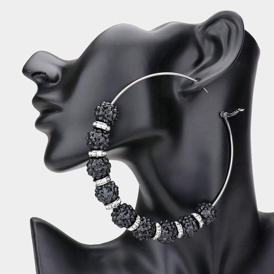 Madeline Love Jet Black Shamballa Ball Hoop Earrings