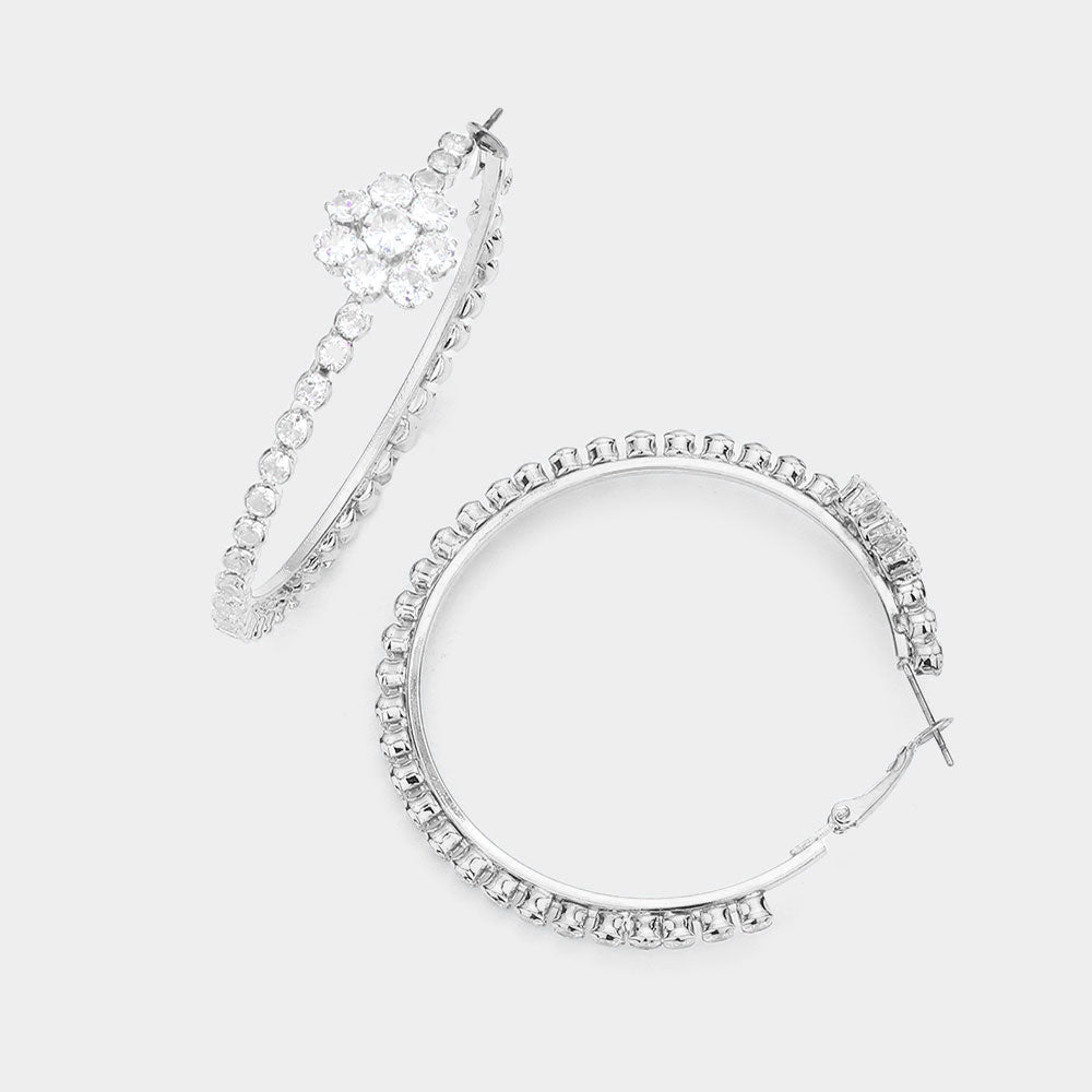 Madeline Love Silver Bubble Stone Flower Accented Hoop Earrings