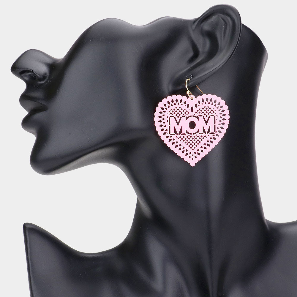 Madeline Love Pink MOM Message Colored Brass Metal Heart Dangle Earrings