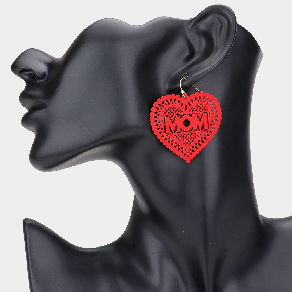 Madeline Love Red MOM Message Colored Brass Metal Heart Dangle Earrings
