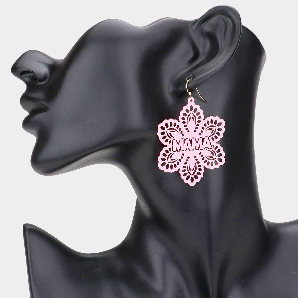 Madeline Love Pink MAMA Message Colored Brass Metal Flower Dangle Earrings