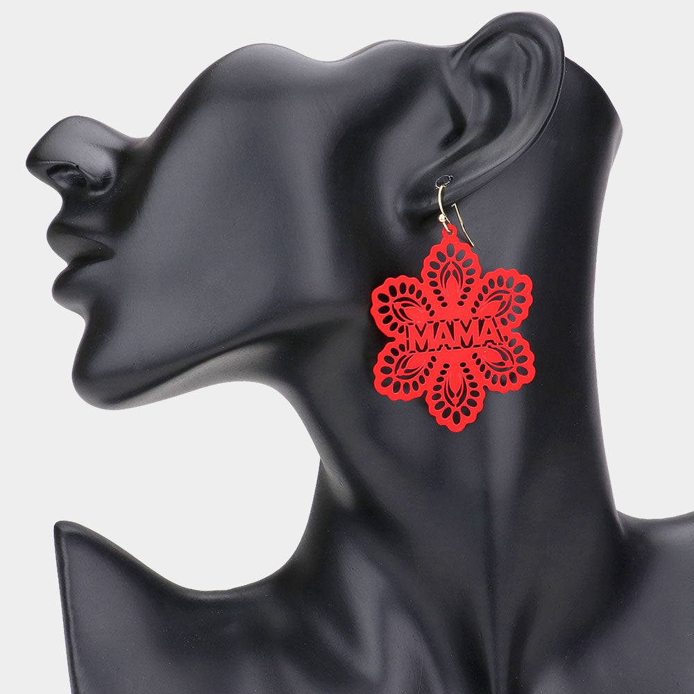 Madeline Love Red MAMA Message Colored Brass Metal Flower Dangle Earrings