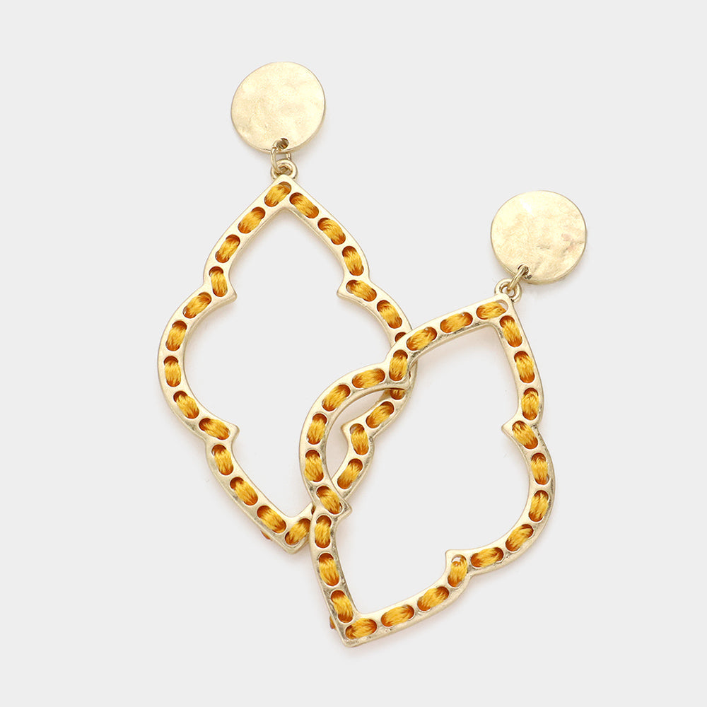 Madeline Love Mustard, Worn Gold Stitch Cutout Metal Quatrefoil Drop Earrings