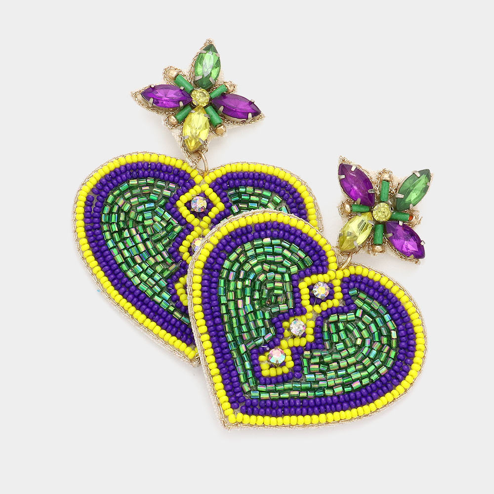 Multi Mardi Gras Felt Back Beaded Heart Dangle Earrings