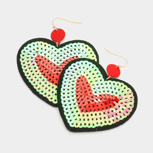 Felt Back Sequin Heart Dangle Earrings - Red - Earrings