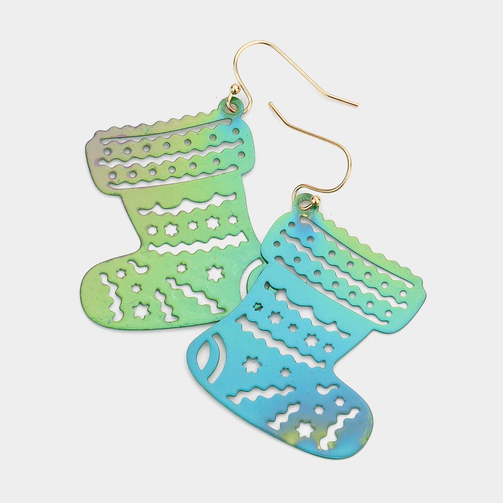Madeline Love AB, Green Christmas Socks Metal Cutout Dangle Earrings