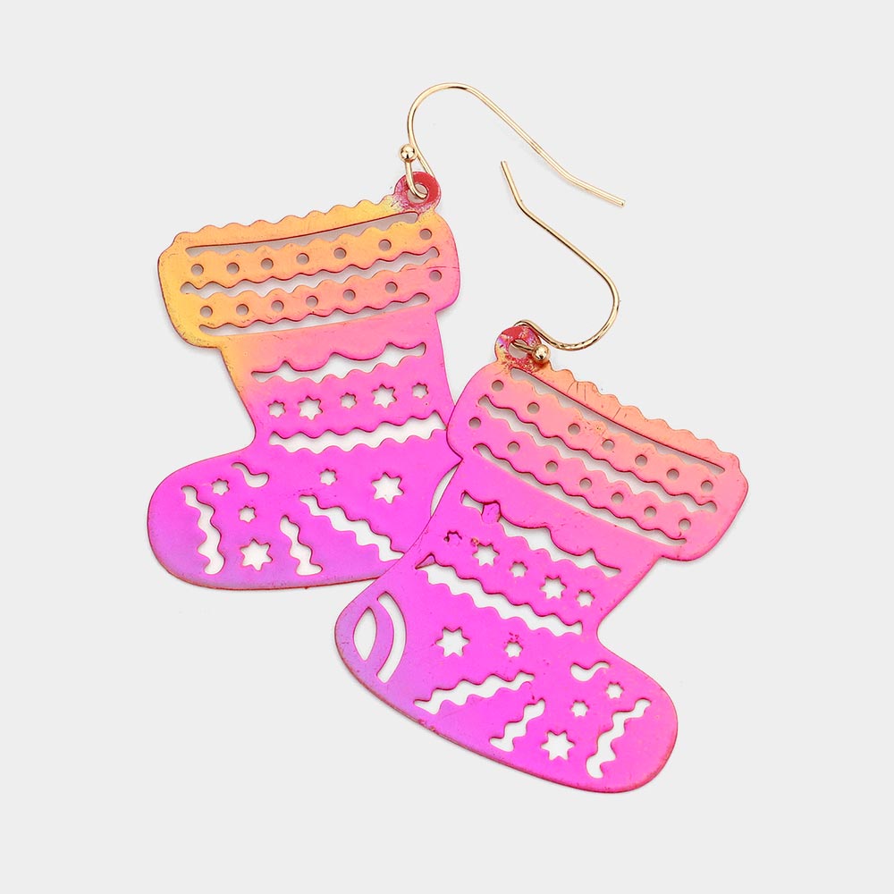 Madeline Love AB, Red Christmas Socks Metal Cutout Dangle Earrings