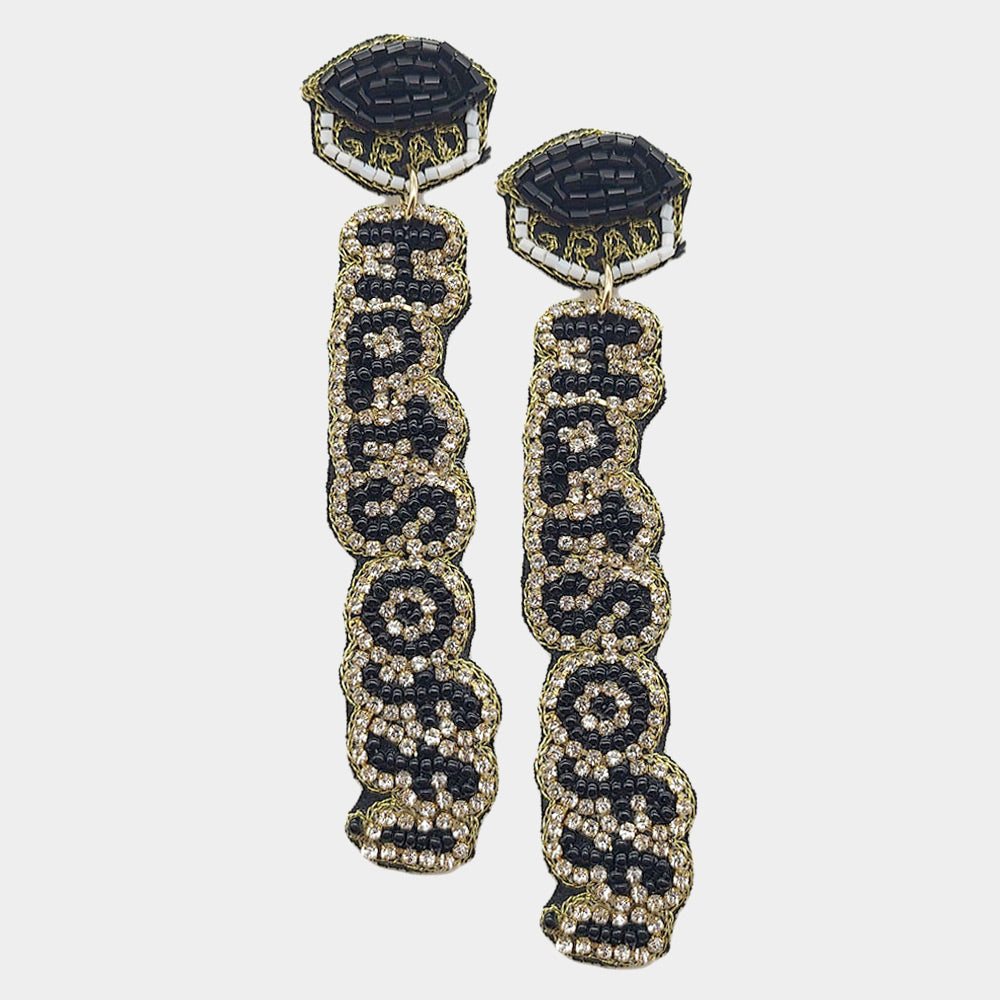 Madeline Love Black GRAD HATS OFF! Felt Back Rhinestone Beaded Message Dangle Earrings