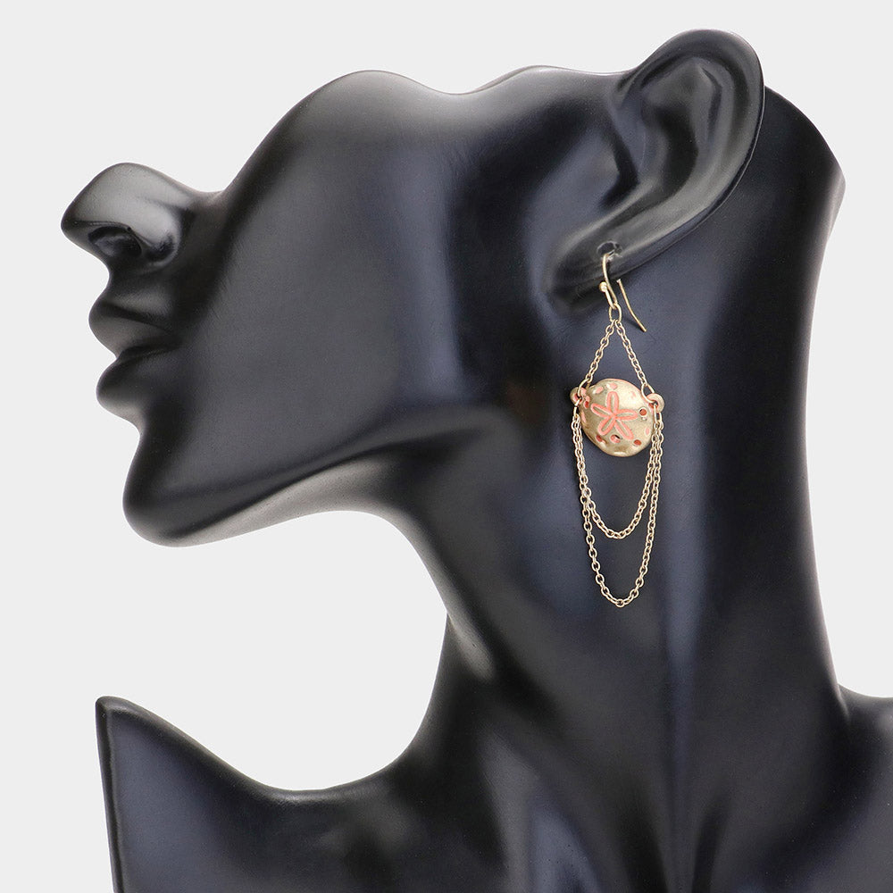 Madeline Love Coral, Worn Gold Draped Chain Sand Dollar Dangle Earrings