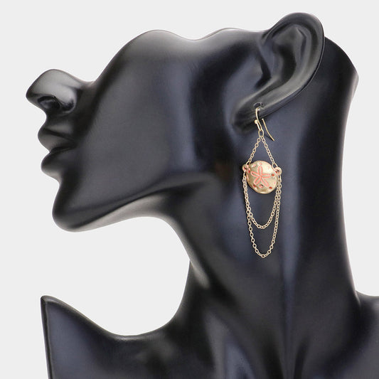 Madeline Love Coral, Worn Gold Draped Chain Sand Dollar Dangle Earrings