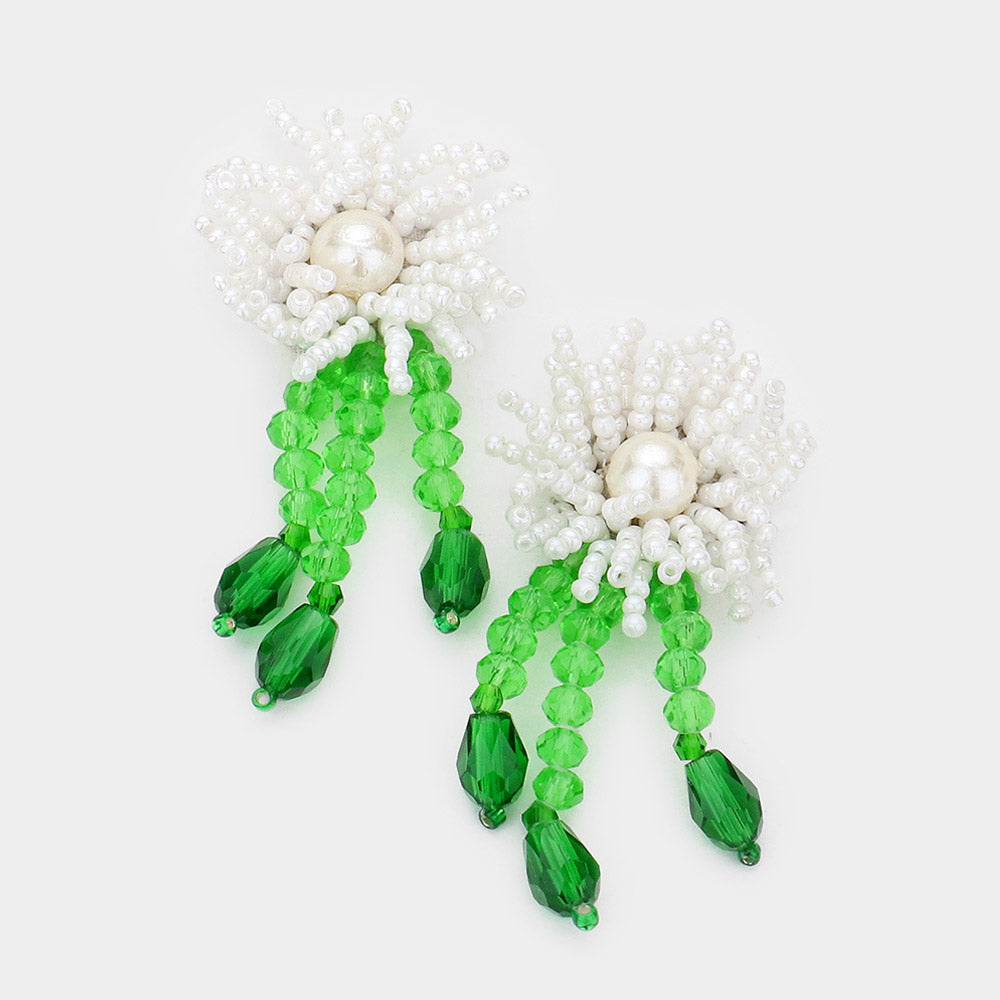 Madeline Love White Seed Beaded Flower Accented Earrings