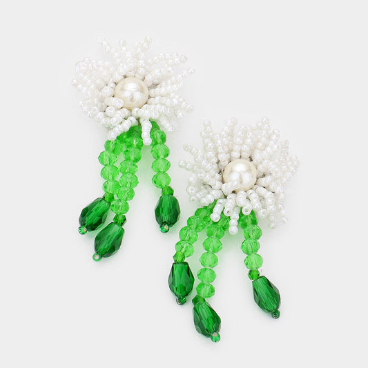 Madeline Love White Seed Beaded Flower Accented Earrings