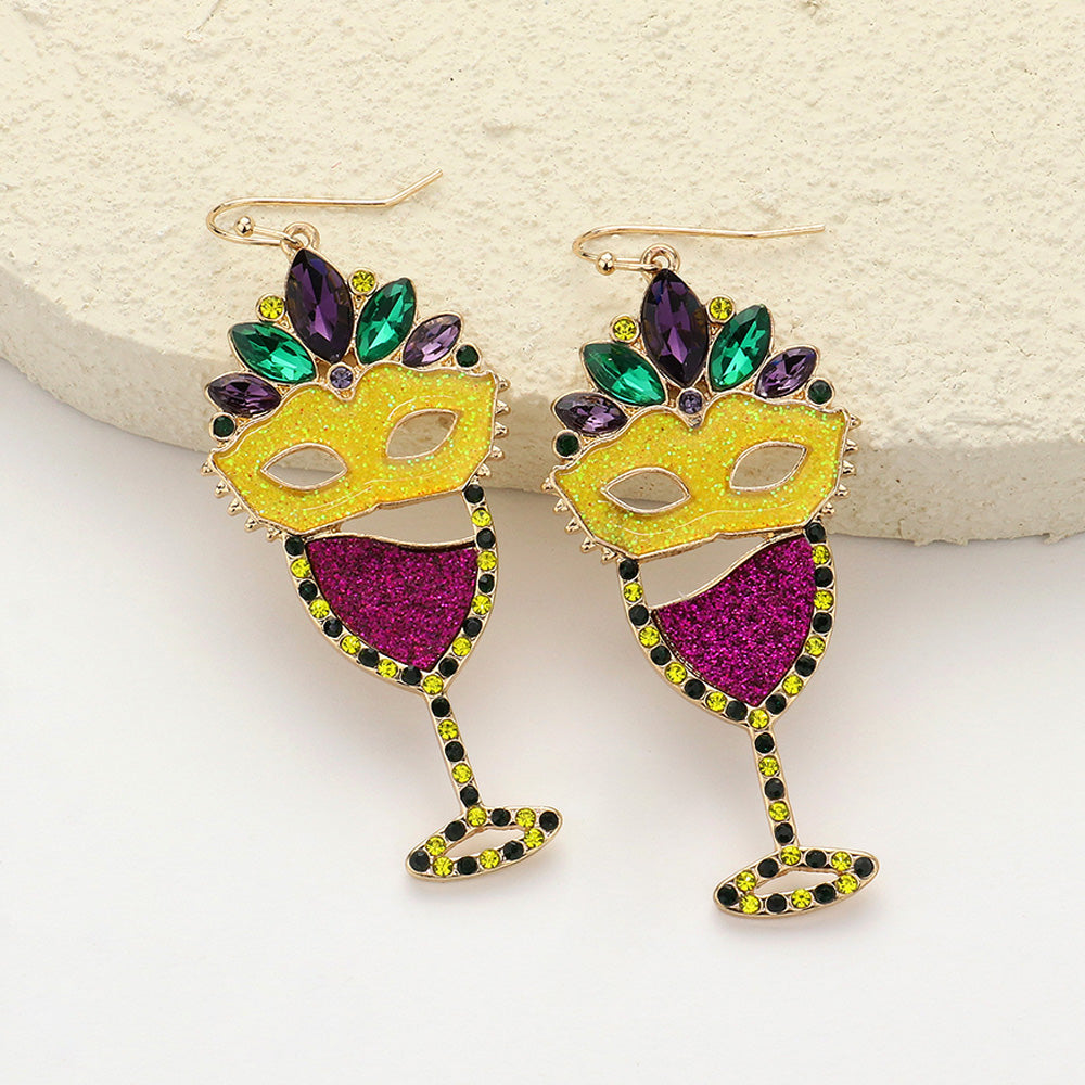 Multi Marquise Stone Sparkly Mardi Gras Mask Wine Glass Dangle Earrings