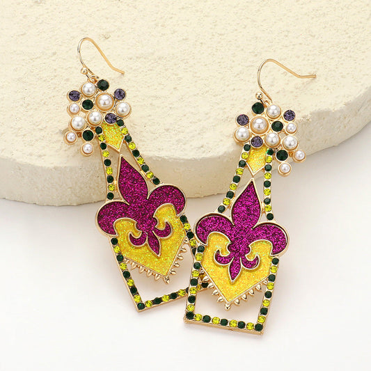 Multi Stone Pearl Paved Sparkly Mardi Gras Fleur de Lis Bottle Dangle Earrings