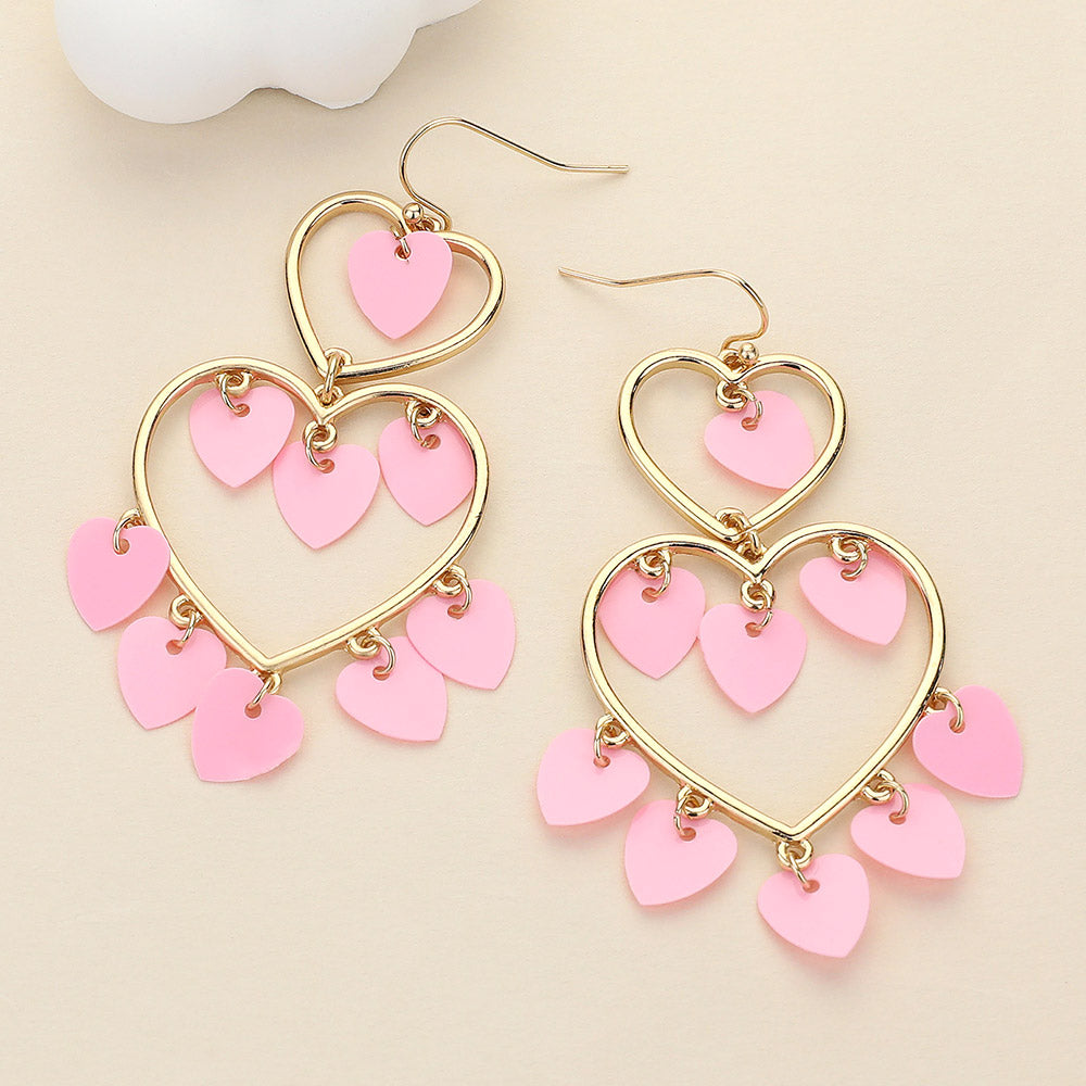 Heart Sequin Embellished Double Open Heart Link Dangle Earrings