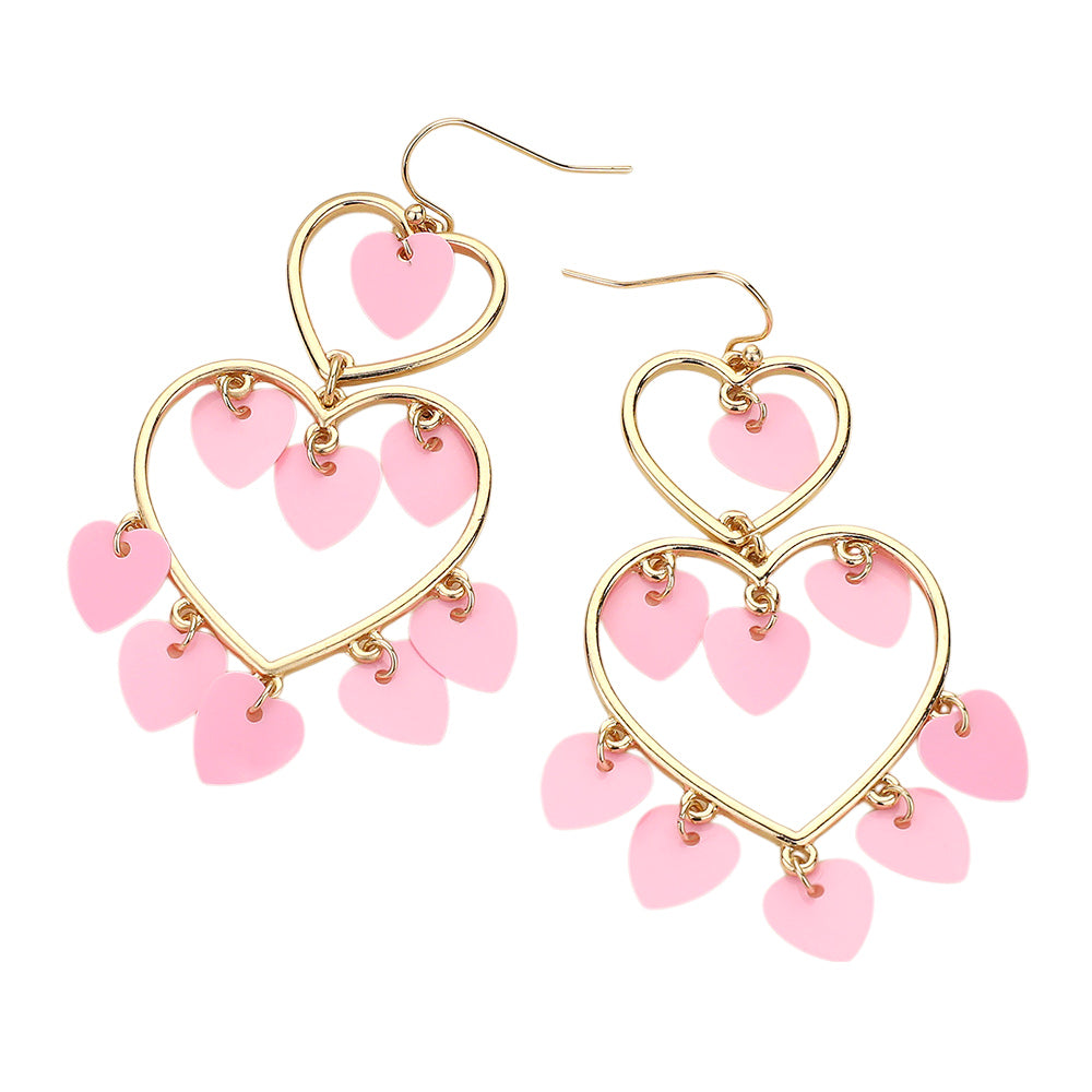 Heart Sequin Embellished Double Open Heart Link Dangle Earrings