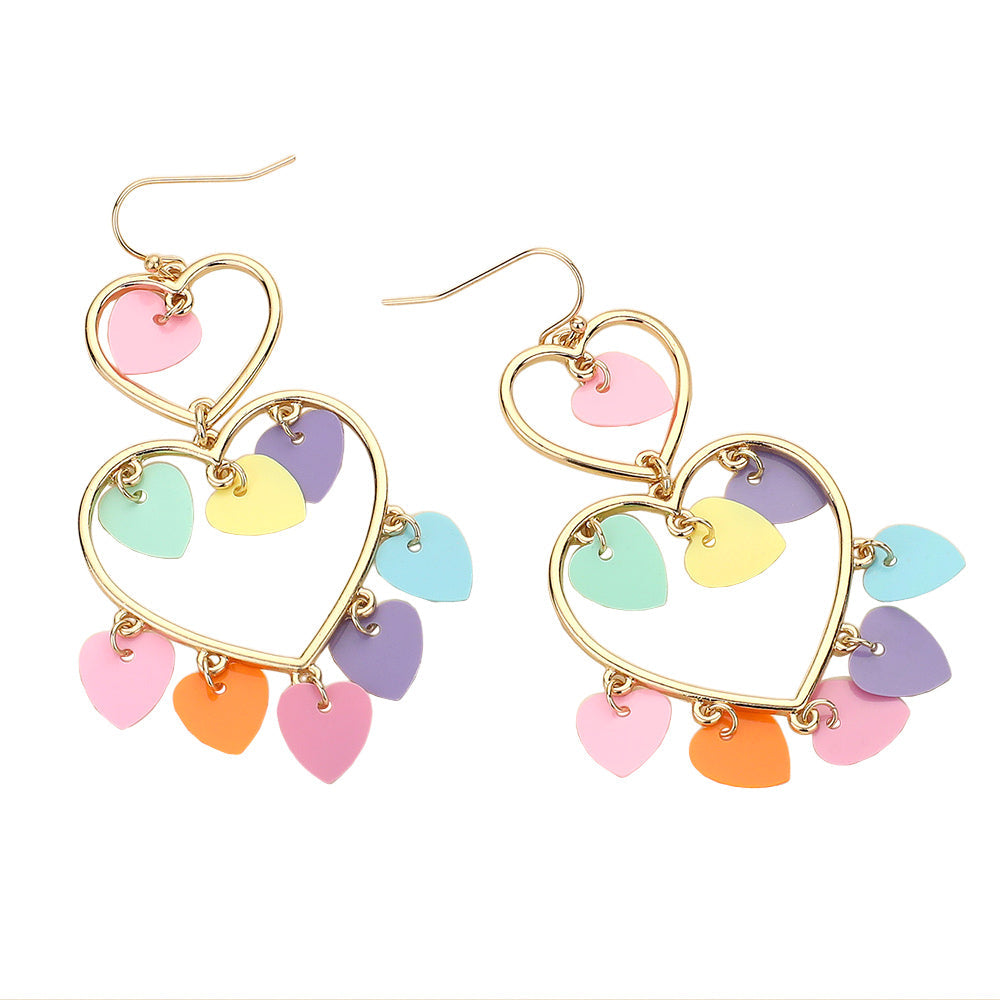 Heart Sequin Embellished Double Open Heart Link Dangle Earrings