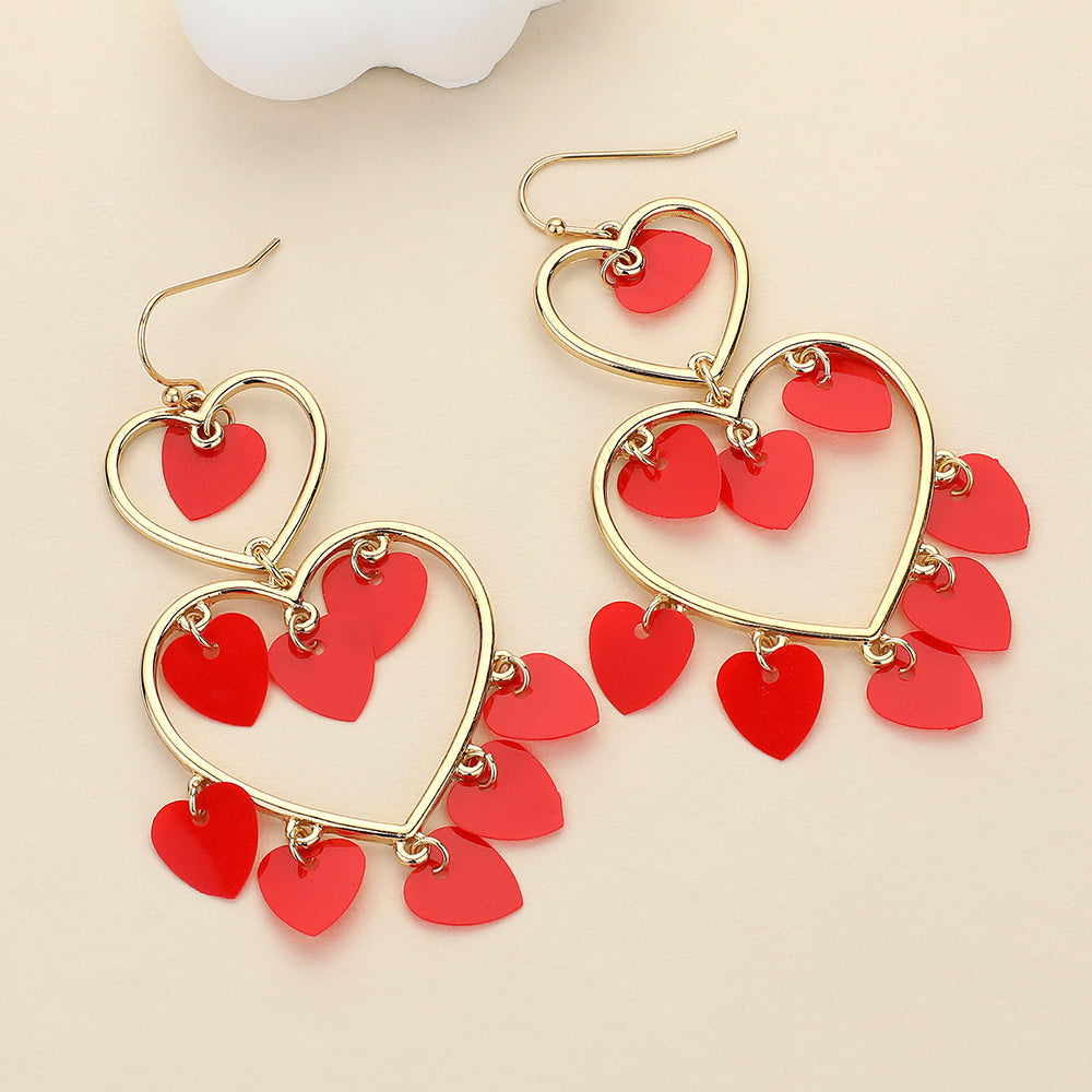 Heart Sequin Embellished Double Open Heart Link Dangle Earrings