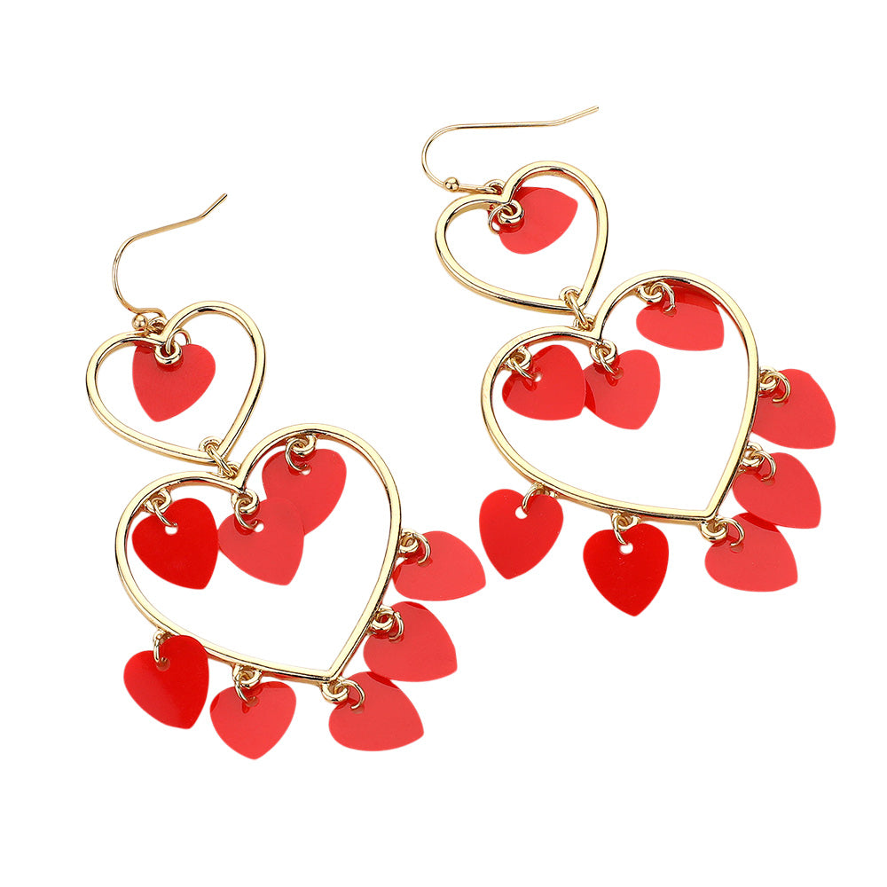 Heart Sequin Embellished Double Open Heart Link Dangle Earrings