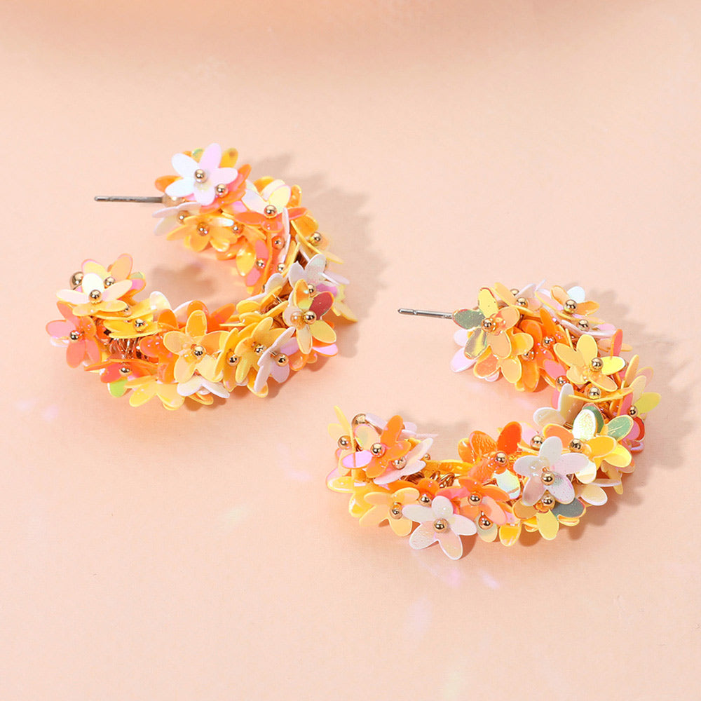Madeline Love Orange Flower Sequin Embellished Hoop Earrings