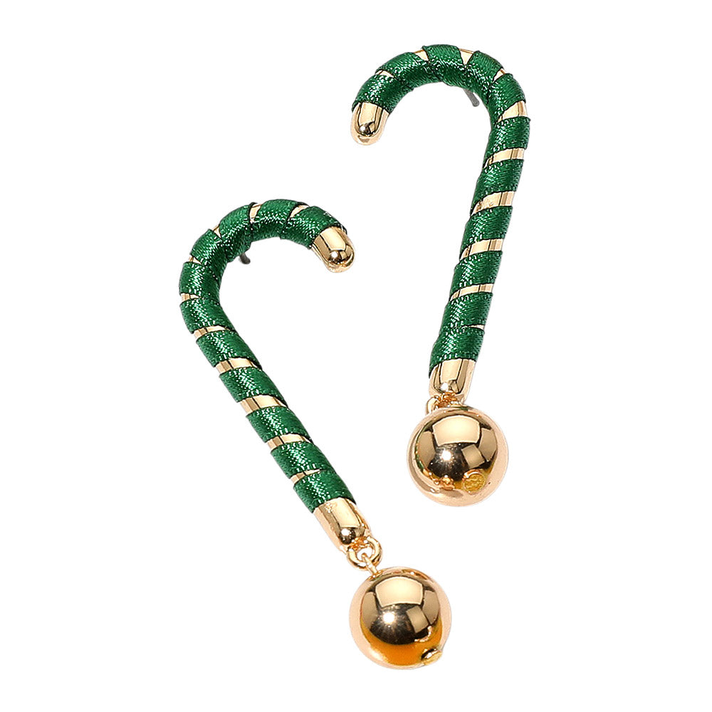 Green Ball Drop Christmas Candy Cane Earrings
