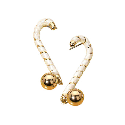 White Ball Drop Christmas Candy Cane Earrings
