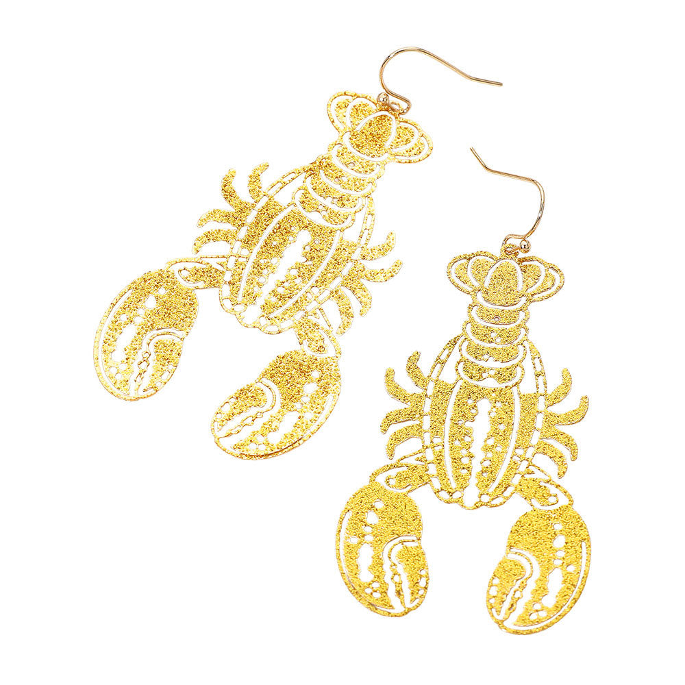 Gold Glitter Cutout Mardi Gras Lobster Charm Drop Earrings