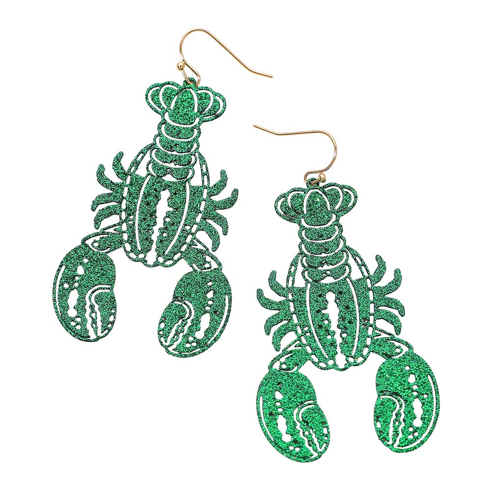 Green Glitter Cutout Mardi Gras Lobster Charm Drop Earrings
