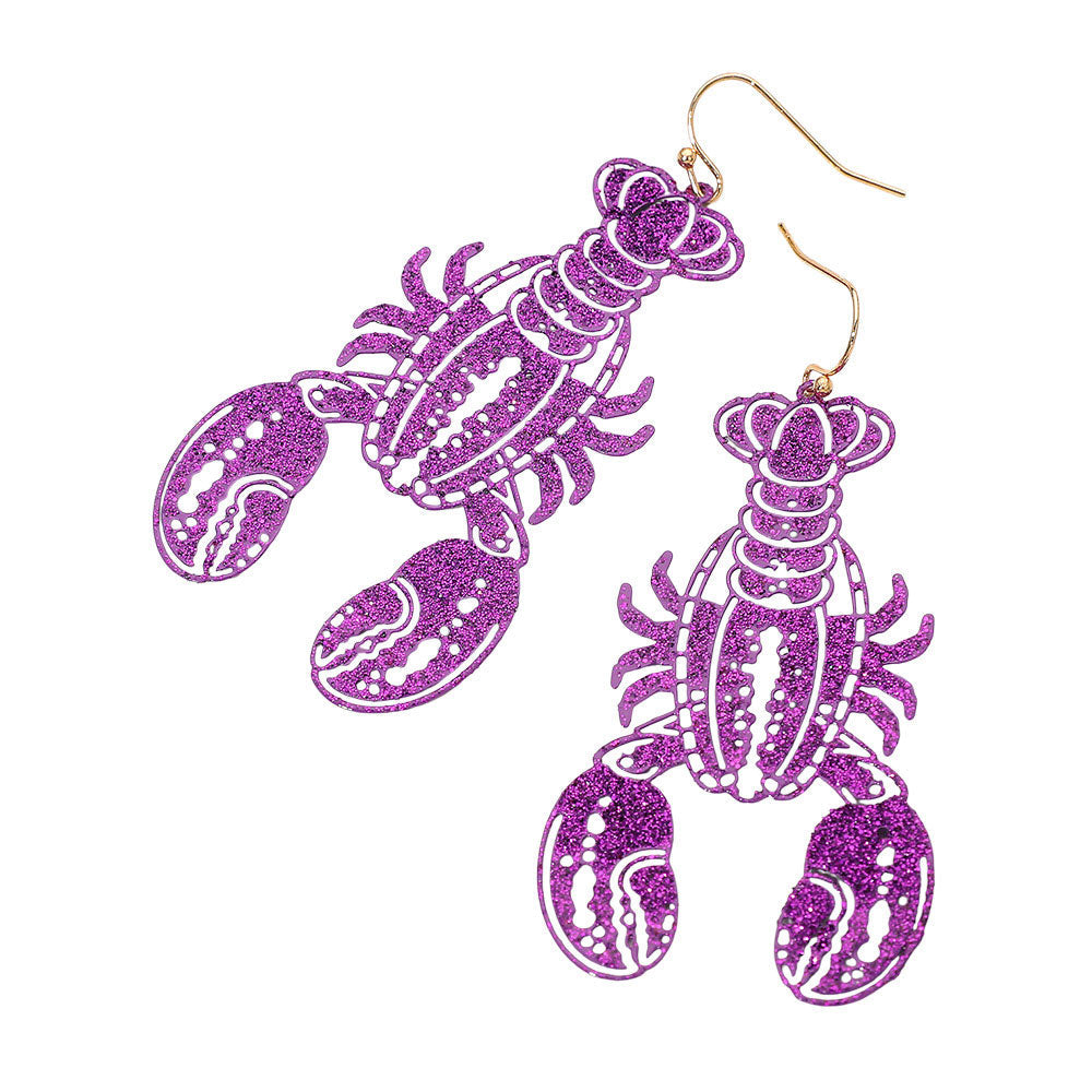Green Glitter Cutout Mardi Gras Lobster Charm Drop Earrings