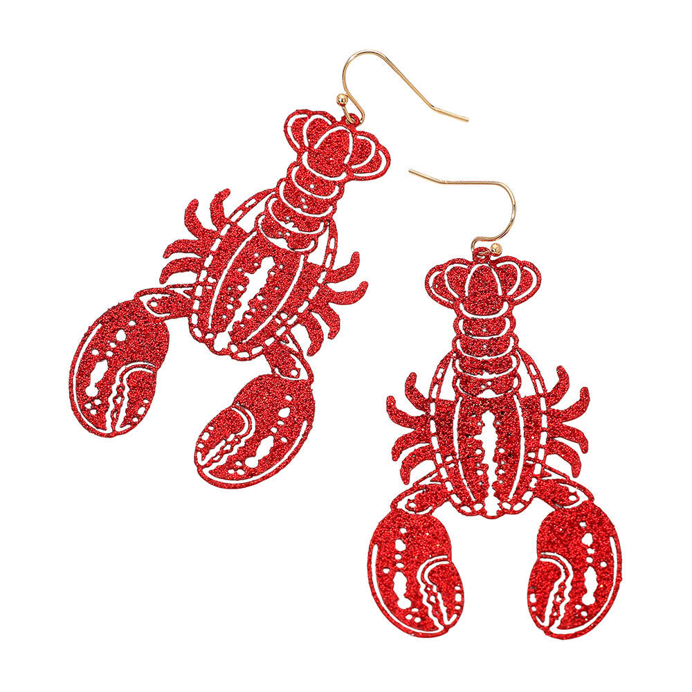 Red Glitter Cutout Mardi Gras Lobster Charm Drop Earrings