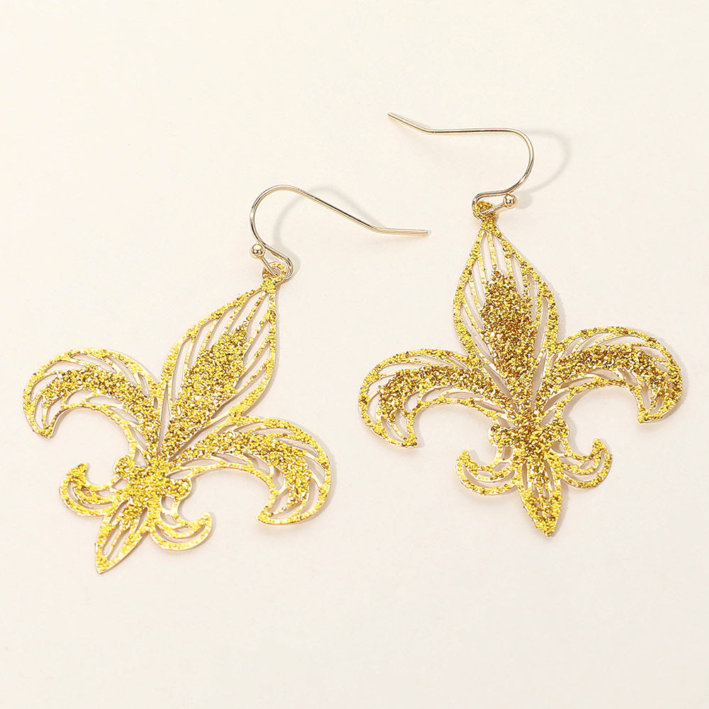 Madeline Love Gold Lightweight Glitter Fleur de Lis Dangle Earrings
