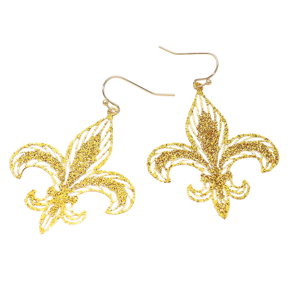 Madeline Love Gold Lightweight Glitter Fleur de Lis Dangle Earrings - desc